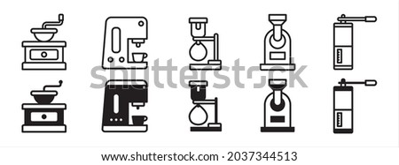 Coffee shop tool icon set. Coffee maker equipment icons set. Vector illustration. Contains icon such as manual grinder, espresso machine, syphon, and roaster.