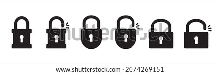 Lock icon set. Locked and unlocked vector icon set. Locked and unlocked padlock symbol of device security. Privacy symbol vector stock illustration. Round and square shape padlock.