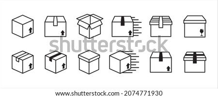 Box line icon set. Carton boxes vector icons set. Empty opened or unboxing illustration. Fast delivery shipping sign. Gift or parcel symbol. Stock foto © 