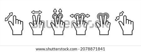 Touchscreen gesture icon. Hand finger touch screen gesture vector icons set. Contain symbol such as pinch up, two finger tap, click and hold, drag and slide, double press, multiple touch.