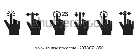 Touchscreen gesture icon. Hand finger touch screen gesture vector icons set. Contain symbol such as pinch up, two finger tap, click and hold, drag and slide, double press, multiple touch.