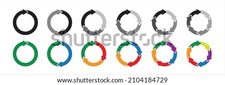 Colorful circle arrow icon set. Symbol of reload, refresh, loading, recycle and repeat. Interconnecting round arrow vector icons set. One, two, three, four, five, six arrow in the loop.