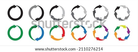 Colorful circle arrow icon set. Symbol of reload, refresh, loading, recycle and repeat. Interconnecting round arrow vector icons set. One, two, three, four, five, six arrow in the loop.