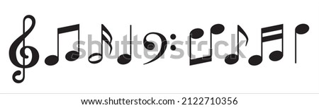 Music note icon set. Treble clef music notes key icons set. Musics sheet illustration contains symbol of bass clef, crotchet, quaver, and beam.