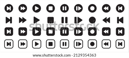 Media music player button icons. Multimedia player buttons set. Contains icon of play, pause, stop, record, next track, back, previous, forward, and backward. Vector illustration.