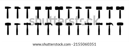 Hammer icon set. Assorted hammers vector icons set. Simple flat design. Symbol or sign for smith, blacksmith, metalwork, repair, carpenter, carpentry, and builder.