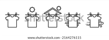 Clothesline icon set. Laundry clothes drying line vector icons set. Clothes drying instruction outline illustration. Direct under the sun and under the shade.