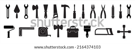 Tool icon set. Construction and carpenter vector icons set. Wrench, garage repair tools, handsaw, hammer, toolbox, paintbrush, pliers, paint roll vectors stock illustration.