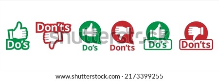 Do's and don'ts icon set. To do and not to do icons. Recommended or not recommended symbol. Thumb up and down inside bubble chat sign. Vector stock illustration. Stok fotoğraf © 