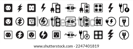 Electric power plug icon set. Electricity wire cord socket sign. Electrical symbol element. Vector stock illustration. Thunder bolt lightning icons set.