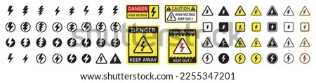High voltage sign. Lightning bolt icon set. Electric shock caution signs. Vector illustration. Danger of high voltage shock risk.
