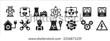 Nuclear power electricity icon set. Power related icons. Green energy vector icons set. Renewable nuclear reactor power generator symbol. Clean energy source illustration.