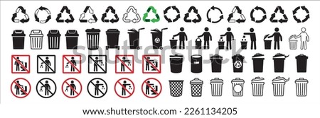Trash bin icon set. Recycle icons collection. Do not litter in the toilet sign. Littering forbidden signage. Throw the rubbish in the bin sign. Vector sock illustration.