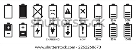 Battery icon set. Battery charging level sign. Charge indicator from 5 percent to 100 percent. Vertical battery vector illustration in out line style.