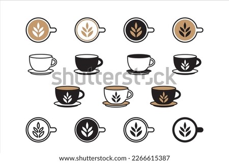 Coffee cup icon set. Latte art coffee icons. Coffee cups hot drink icons collection. Top view and side views sign. Black and chocolate color. Vector illustration.