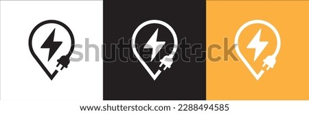 Electrical power icon. Electric power source sign. Lightning bolt inside pin map with electric plug image combination. Vector stock illustration. In color of black white and yellow background.