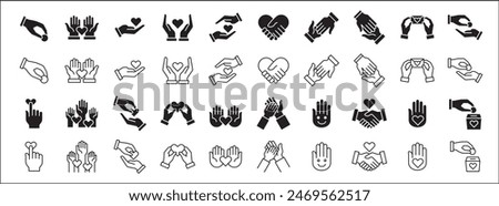 Collection of charity and donation icon set. Aids icons. Charity hands icon. Giving hand sign. Helping hand symbol. Vector stock illustration in flat style design resource for button and website.