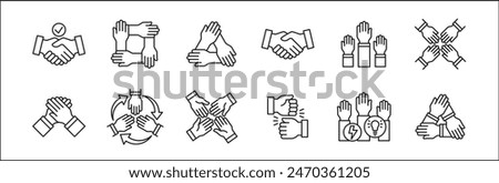 Teamwork icon. Cooperation hands icon set. Collaboration symbol. Business co-worker sign. Icons of brotherhood, relation, connection, partnership. Vector isolated illustration in line style design