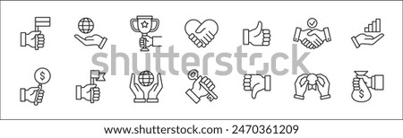 Business icon set. Entrepreneurship icons. Success symbol collection. Included icons of reward, profit, trophy, global market, hand holding key, medal, agreement . Vector isolated on white.