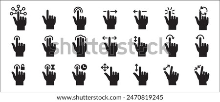 Finger touch screen gesture vector icon collection. Touch and swipe gesture icons set. Touch screen operation and navigation symbol. Contain icon like double tap, long click, zoom, move.