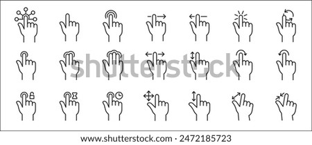 Finger touch screen gesture icon set. Touch and swipe gesture vector icons. Touch screen operation and navigation symbol. Contain icon like double tap, long click, zoom, move. Vector stock image.