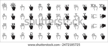 Finger touch screen gesture vector icon collection. Touch and swipe gesture icons set. Touch screen operation and navigation symbol. Contain icon like double tap, long click, zoom, move.