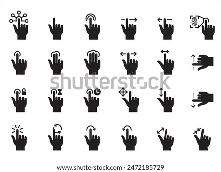 Finger touch screen gesture vector icon collection. Touch and swipe gesture icons set. Touch screen operation and navigation symbol. Contain icon like double tap, long click, zoom, move.