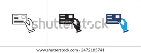 Hand holding card icon. Document icon. Agreement symbol. Business icon. Vector stock illustration. Isolated on white background. Vector logo design template