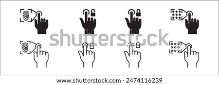 Finger print lock touch icons. Pattern screen lock unlock symbol. Finger touch screen gesture icon set. Vector stock icon isolated on white. Graphic design for button template and illustration.