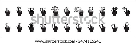 Finger touch screen gesture vector icon collection. Touch and swipe gesture icons set. Touch screen operation and navigation symbol. Contain icon like double tap, long click, zoom, move.