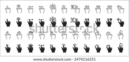 Finger touch screen gesture vector icon collection. Touch and swipe gesture icons set. Touch screen operation and navigation symbol. Contain icon like double tap, long click, zoom, move.