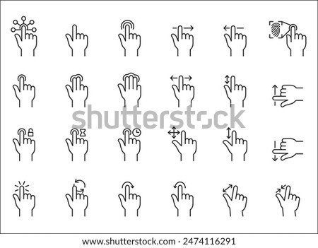 Finger touch screen gesture icon set. Touch and swipe gesture vector icons. Touch screen operation and navigation symbol. Contain icon like double tap, long click, zoom, move. Vector stock image.