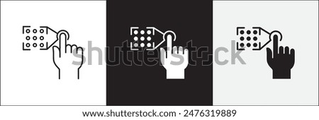 Finger touch screen gesture icon. Fingerprint and pattern lock or unlock screen icon. Biometric sensor sign. Vector stock icon isolated on white. Graphic design for button template and illustration.
