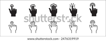 Finger touch screen gesture icon set. Three finger touch gesture icon. Multiple touch point symbol. Vector stock icon isolated on white. Graphic design for button template and illustration.