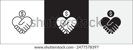 Donation icon. Charity icons. Money donate icon. Funding and philanthropy symbol. Give money sign. Vector stock icons collection in thin line and flat colors style design.