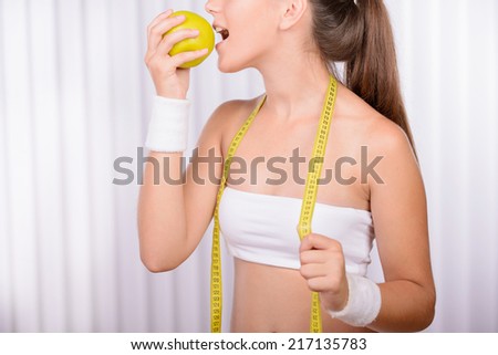 Beautiful young healthy woman. Diet. white background.