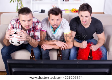 Group of sports fans are watching game on TV at home.