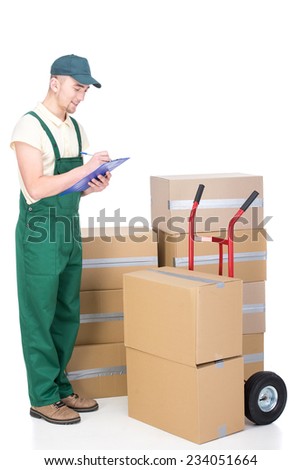 Shipping service. Delivery man with card boxes and hand truck.