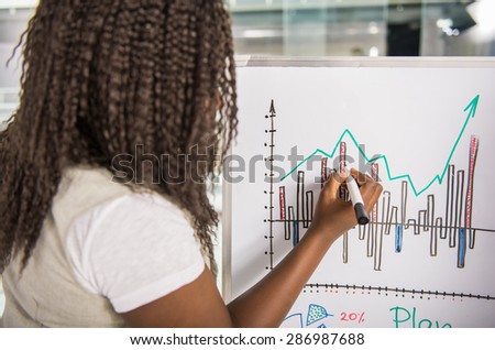Young attractive woman drawing business strategy on flip chart.