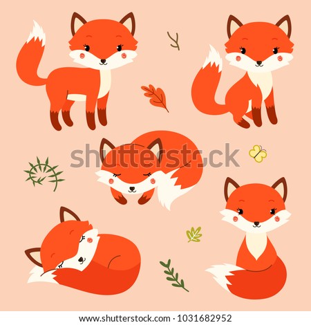 Set of cute cartoon foxes in modern simple flat style. Vector illustration.