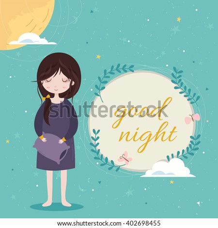 Good night card. Cute girl in the sleepwear holding pillow. Blue sky background with constellation pattern.
