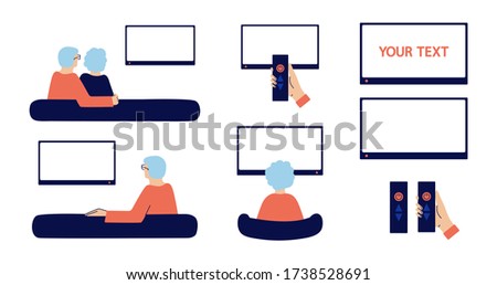 Happy senior couple sitting on couch, watching news at home. Elderly man, woman. Grandparents relax, spend time together. TV remote control. Set of vector illustrations in flat style isolated on white