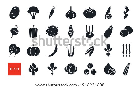 Set of vector icons. Vegetables. Black isolated silhouette. Fill solid icon, glyph. Modern design. Healthy food and vitamins