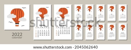 Square calendar 2022. Happy New Year. Tiger. Chinese horoscope. Motivational vector isolated illustration of air balloon. Meditation Relax Motivation. Design template. Week starts on Sunday