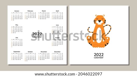 Square desk table wall calendar 2022. Happy New Year. Tigers. Chinese horoscope. Vector isolated cartoon illustration of tiger. Yoga sport meditation relax. Week starts on Sunday