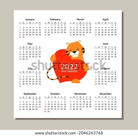 Square desk table wall calendar 2022. Happy New Year. Tiger. Chinese horoscope. Vector isolated cartoon illustration of tiger with red heart. Love and care. Romantic design template. Valentines Day