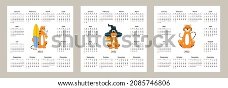 Square calendar 2022. Happy New Year. Tiger. Chinese horoscope. Vector isolated cartoon illustration of tigers. Set of desk table pocket calendars. Sport surfing beach holidays magic meditation yoga