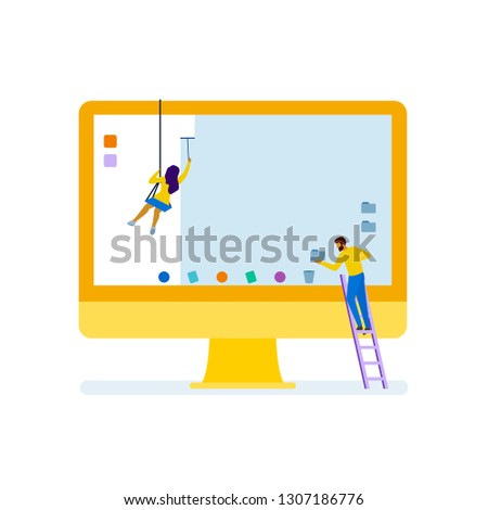 Cleaning out computer vector illustration. Female and male characters decluttering yellow computer, remove files and folders, cleaning up desktop. Flat design isolated on white background.