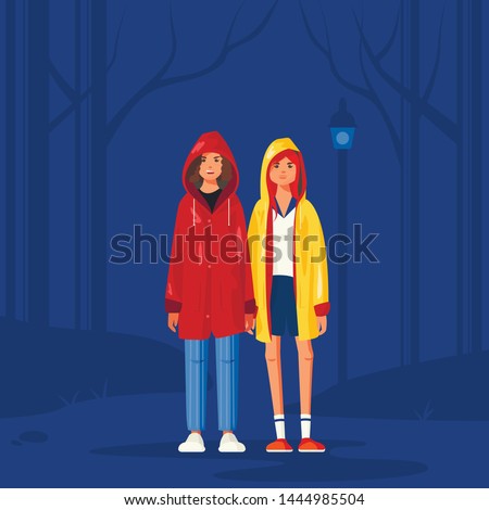 Girls in raincoats vector illustration. Inspired be Netflix Stranger Things series. Two flat female characters - Eleven and Max.