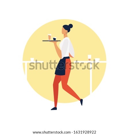 Waitress vector illustration. Flat female character - waitress walking and holding tray with cocktails. Restaurant, cafe, food and beverages concepts.